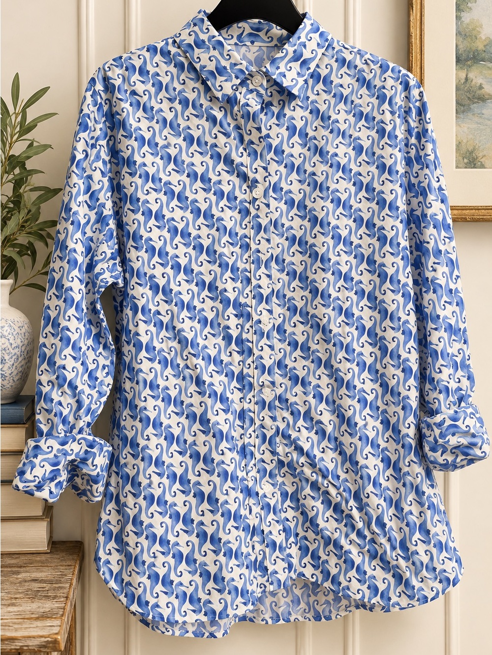 Chico's White & Blue Swirl-Print Button-Down Shirt | 0101